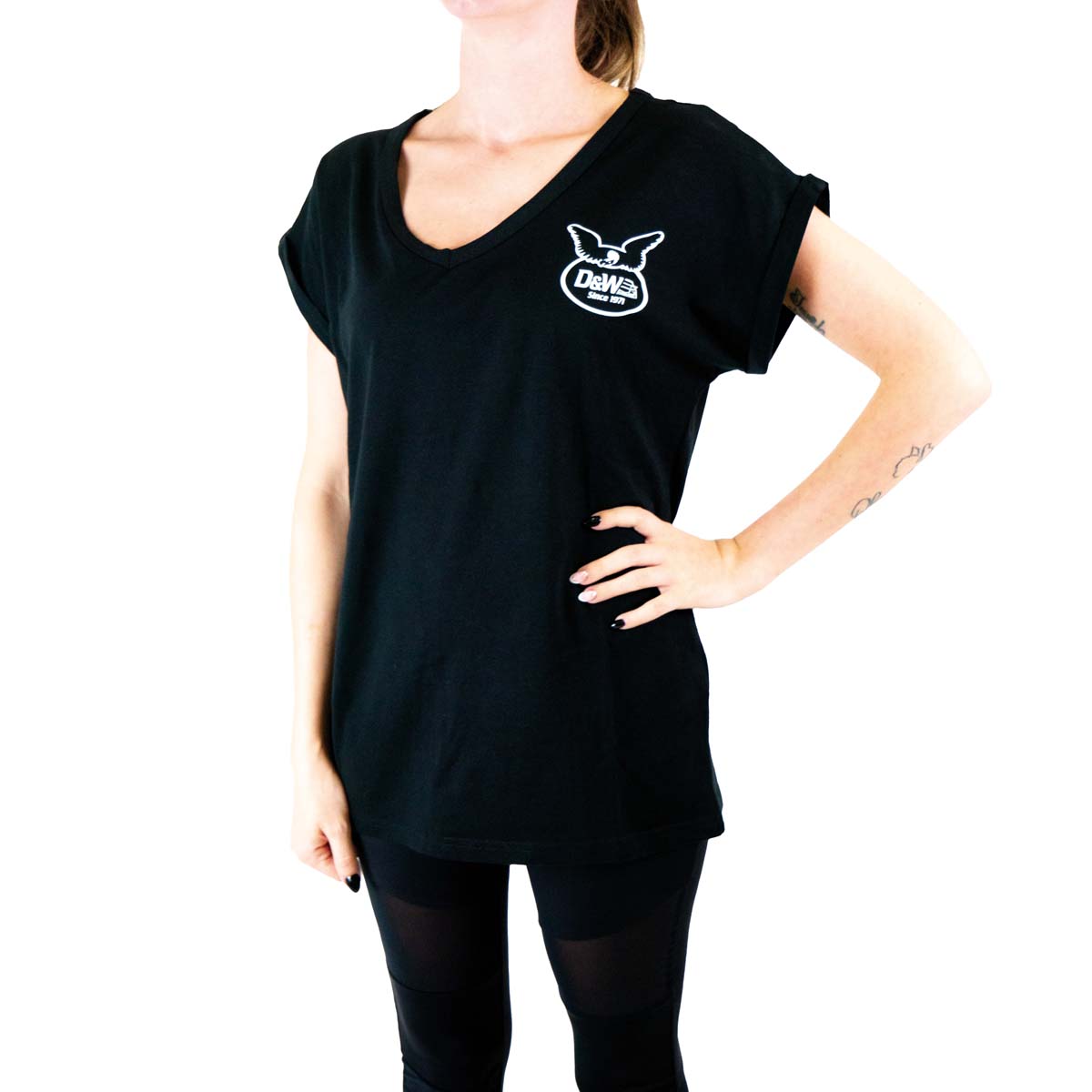 D&W Kollektion Ladies Round V-Neck Shoulder Tee Black Grösse XL